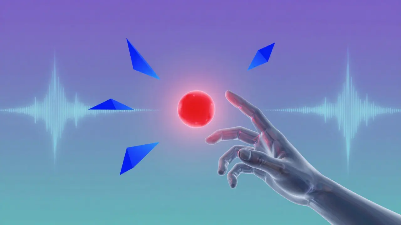 Abstract concept art showing a hand interacting with geometric game mechanics