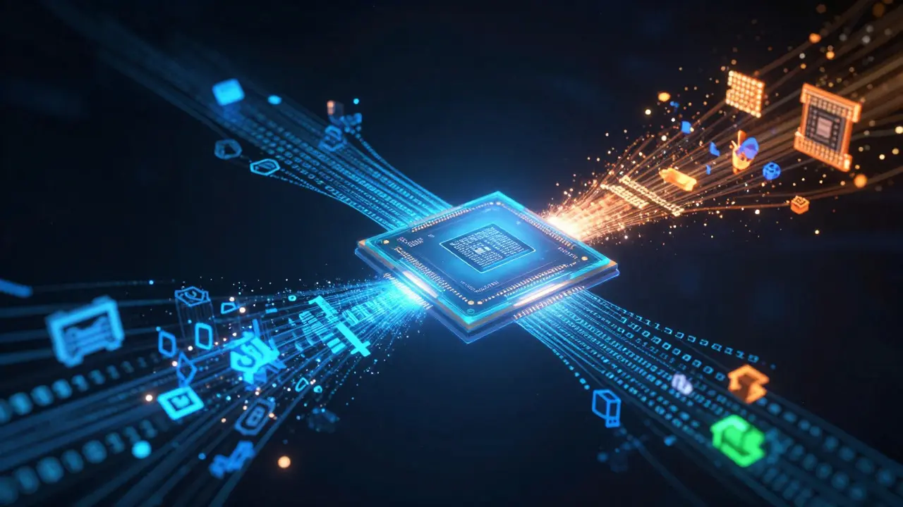 Abstract digital art depicting a CPU chip processing data into game graphics