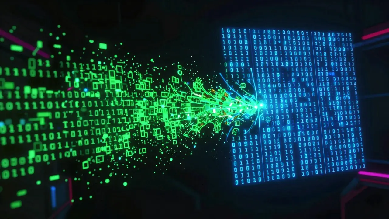 Abstract digital art showing binary code merging into structured data