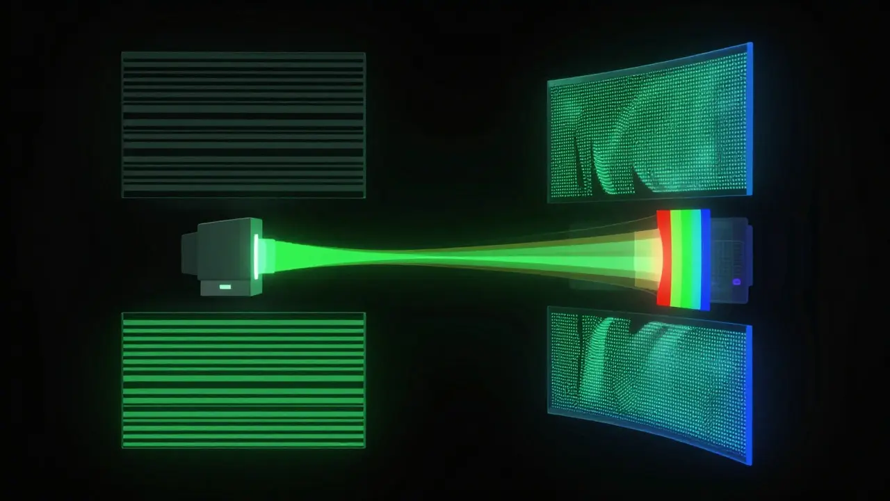 Abstract visualization of CRT signal processing with scanlines and chromatic aberration