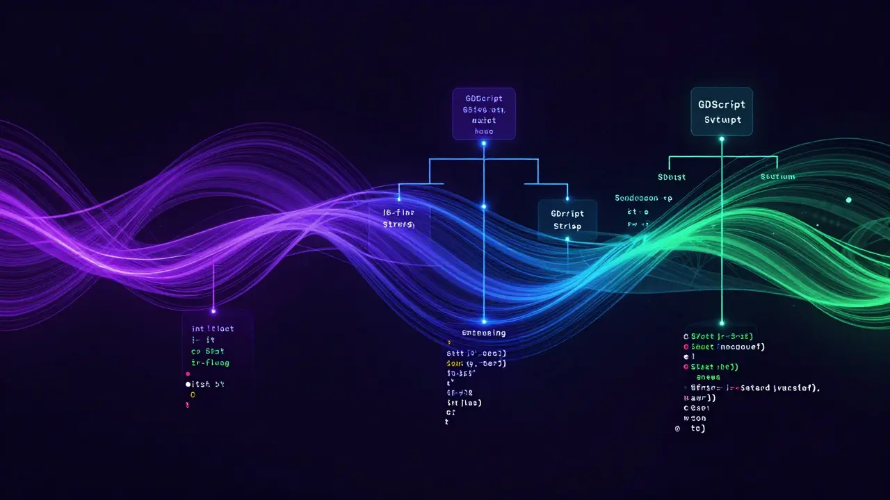 Абстрактная иллюстрация структуры кода GDScript со светящимися узлами