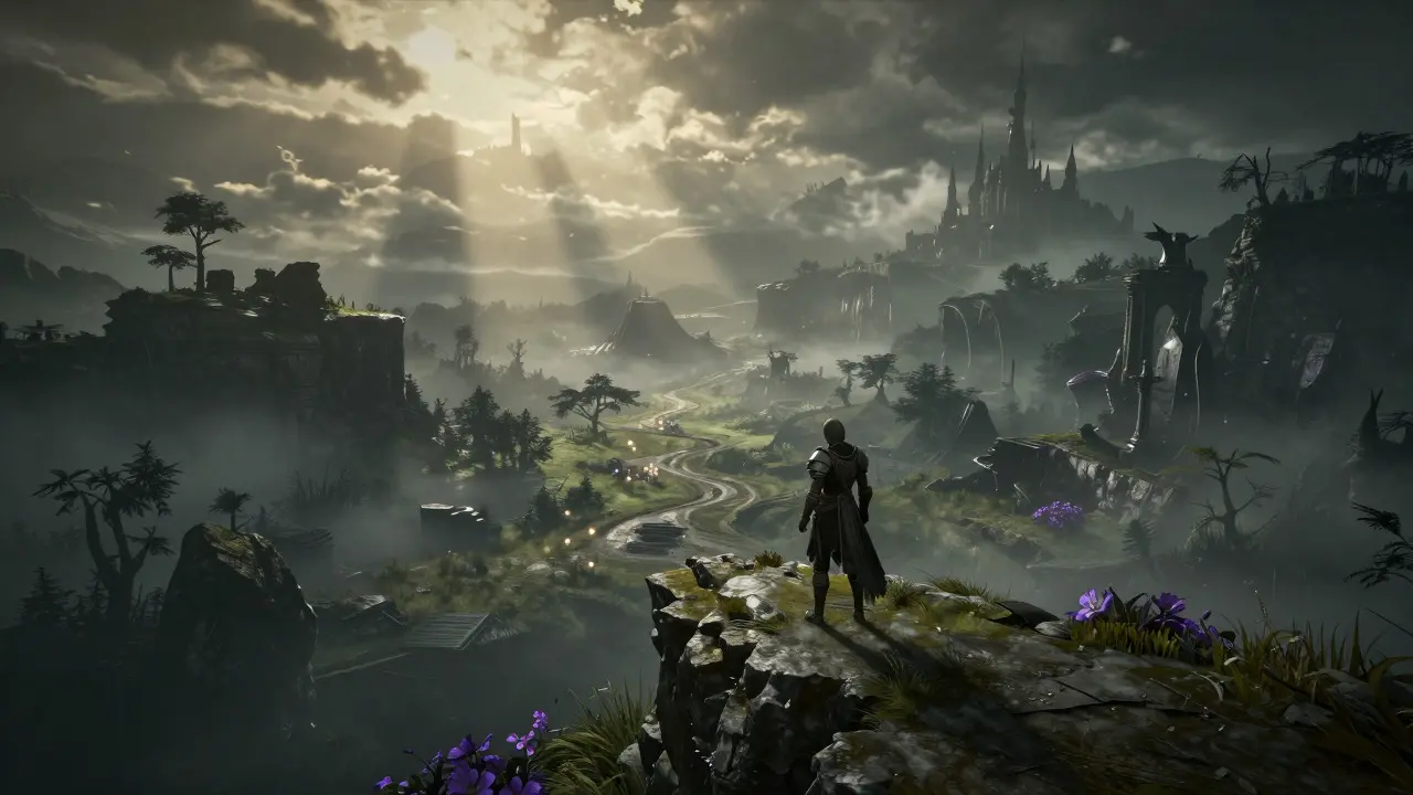 Armored character overlooking a misty fantasy landscape