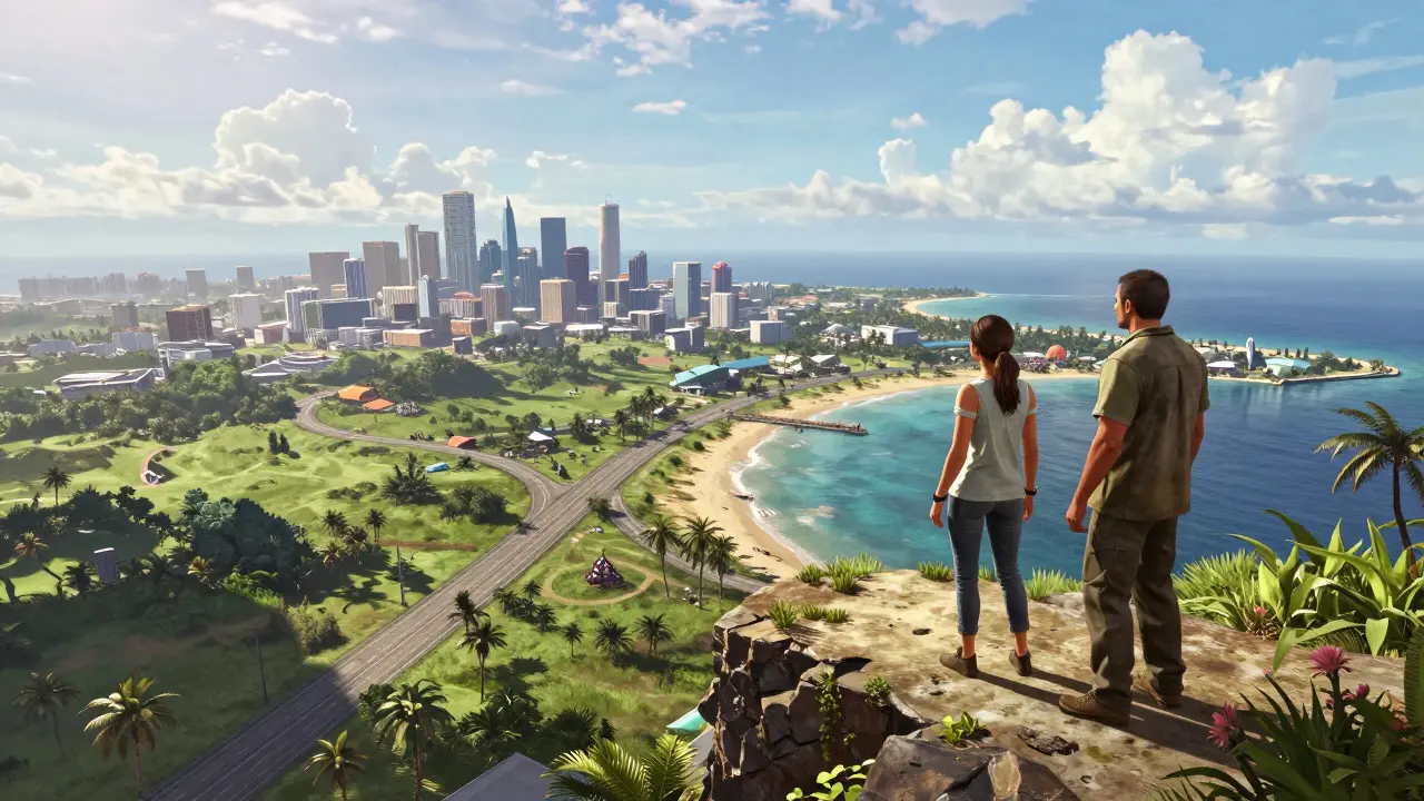Будущий открытый мир GTA VI во Флориде с двумя главными героями на фоне побережья