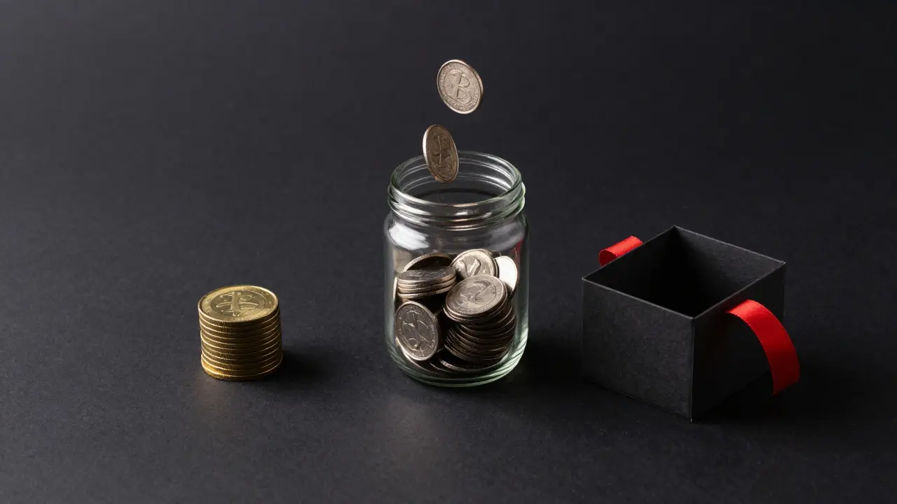 Conceptual arrangement of gold coin, glass jar with tokens, and empty box representing game pricing models