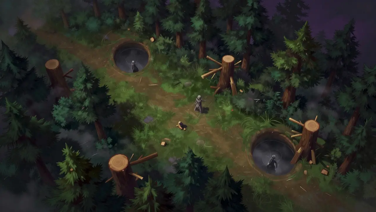Conceptual art of hidden paths and fog of war in a dense fantasy forest