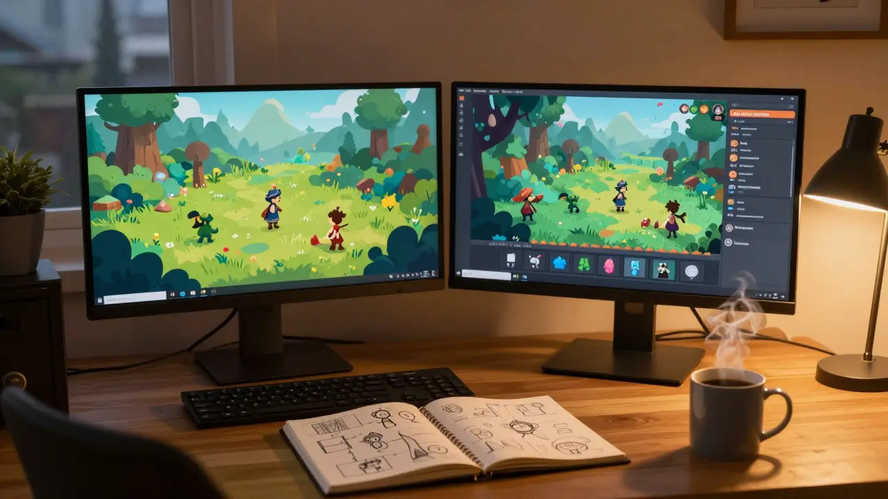 Cozy developer desk with creative indie game art