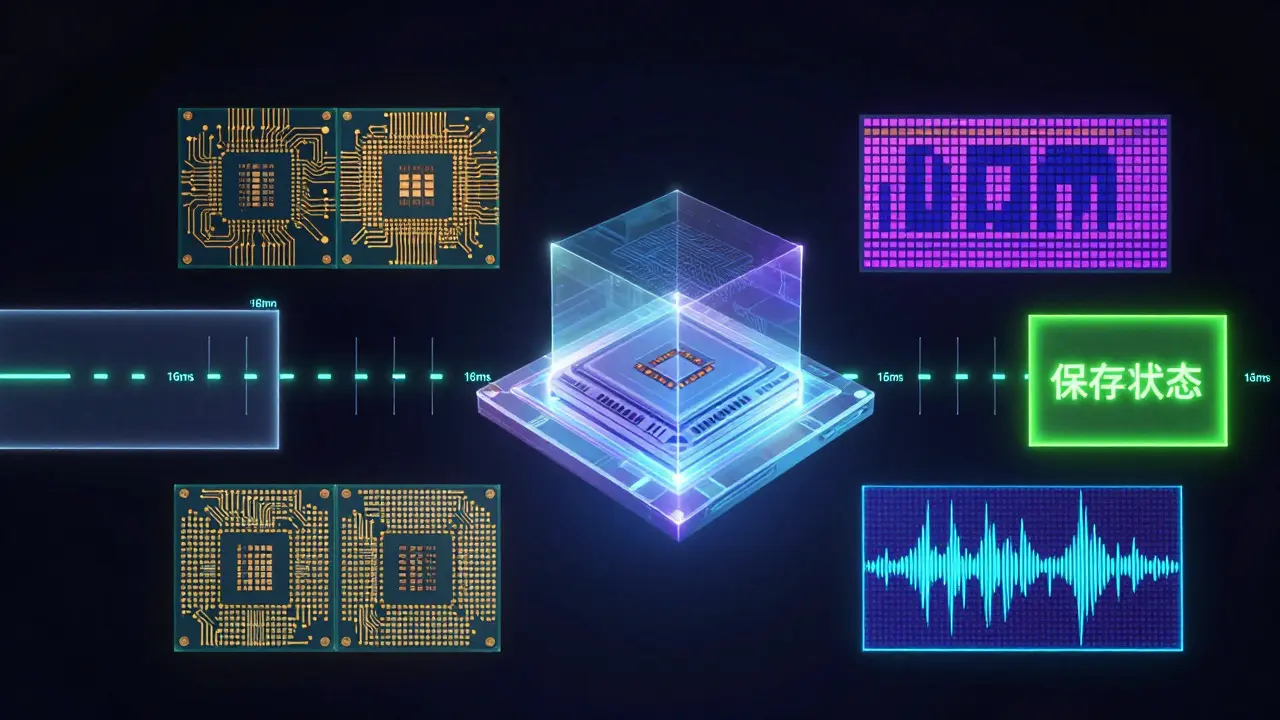 Digital art of a retro console chip surrounded by holographic memory layers and a frame timeline