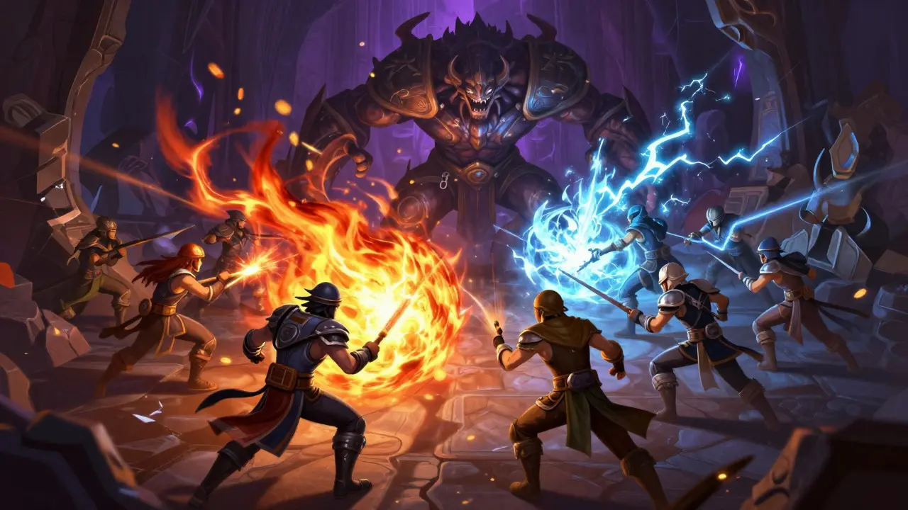 Fantasy battle scene showing a team using elemental tactics against a boss monster