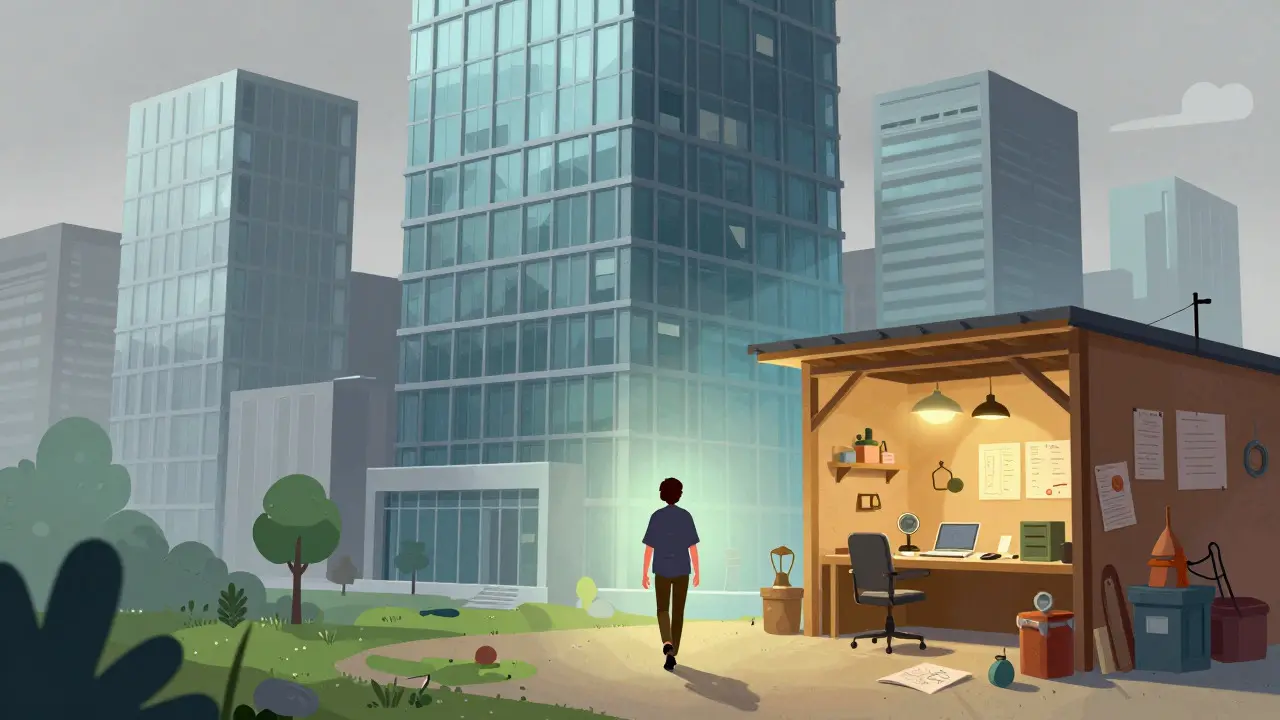 Figure leaving a corporate building for a small creative workspace