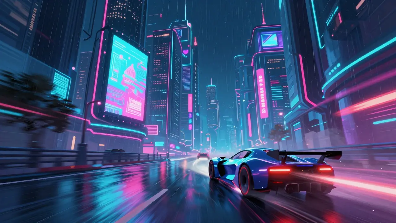 Futuristic neon city street with a drifting car under rainy cyberpunk lights