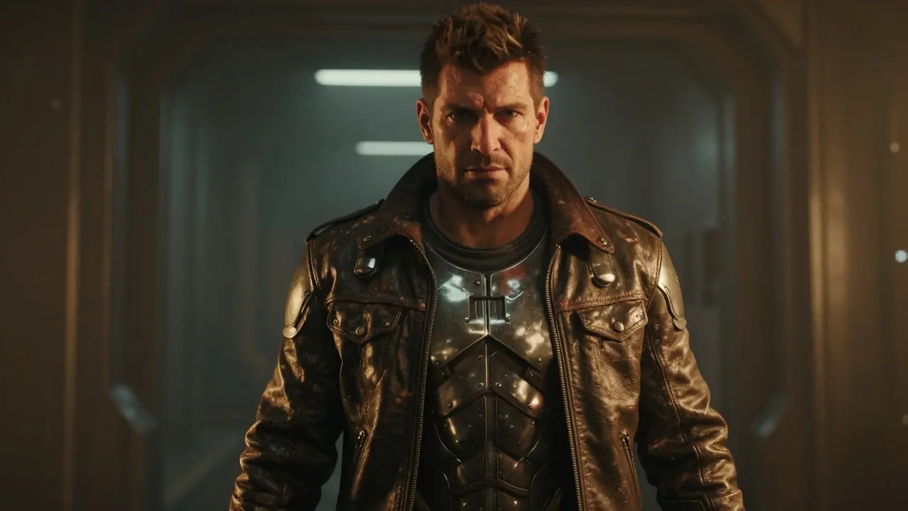 Game character with realistic leather and metal textures under cinematic lighting