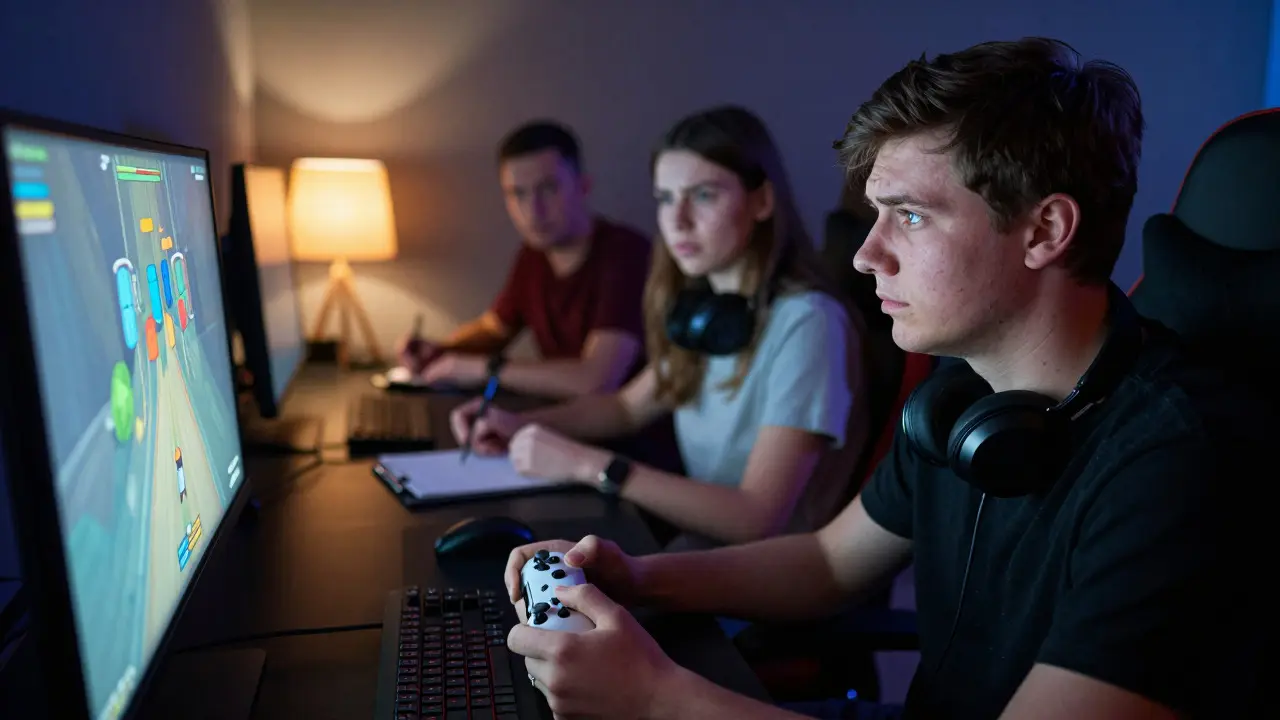 Gamer playing while observers take notes during a playtest session