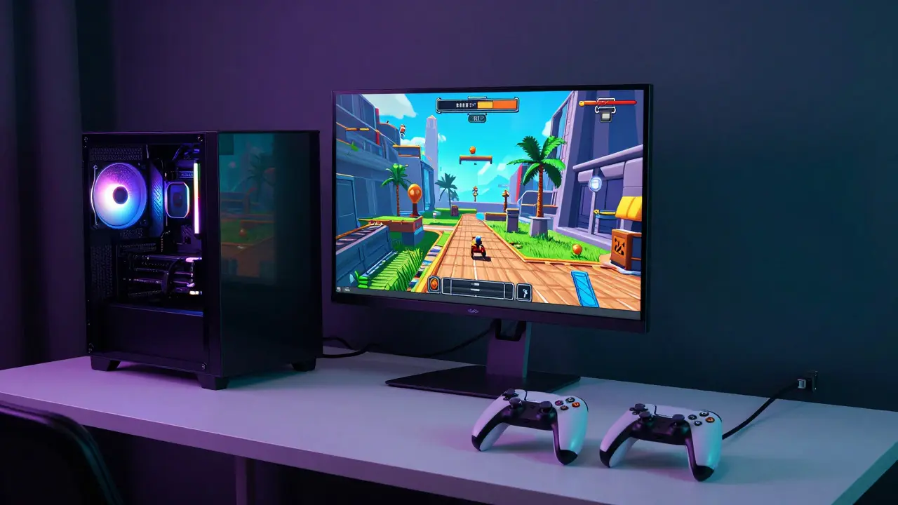 Gaming PC setup with controllers and ethernet cable for online play