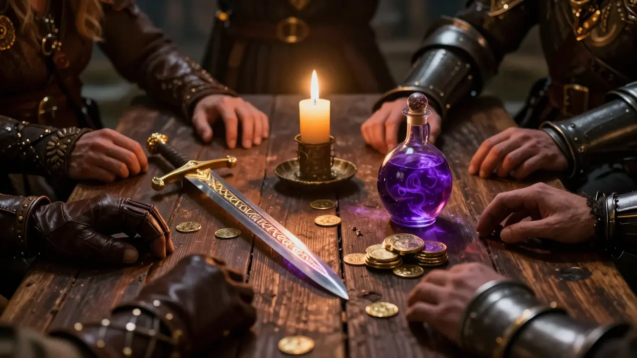 Glowing loot items and potions on a wooden table with hands reaching out