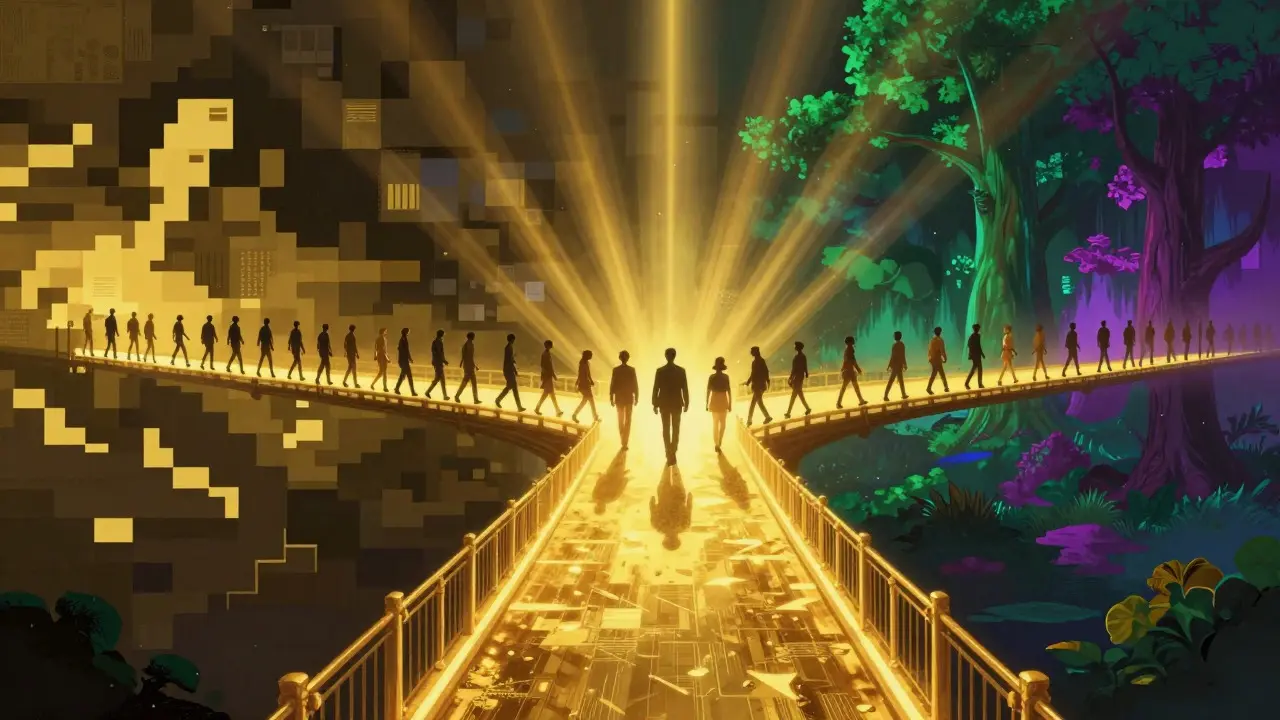 Golden bridge connecting a pixelated retro world to a realistic modern environment