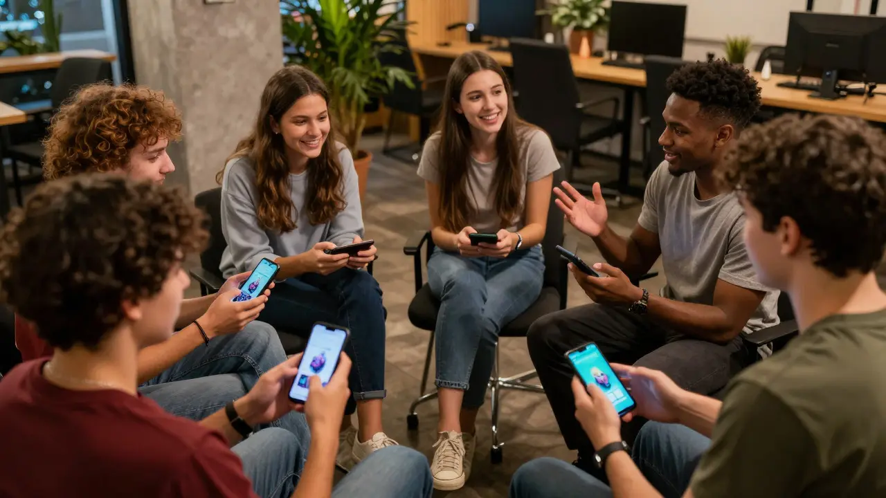 Group of gamers discussing mobile games in a warm, communal setting