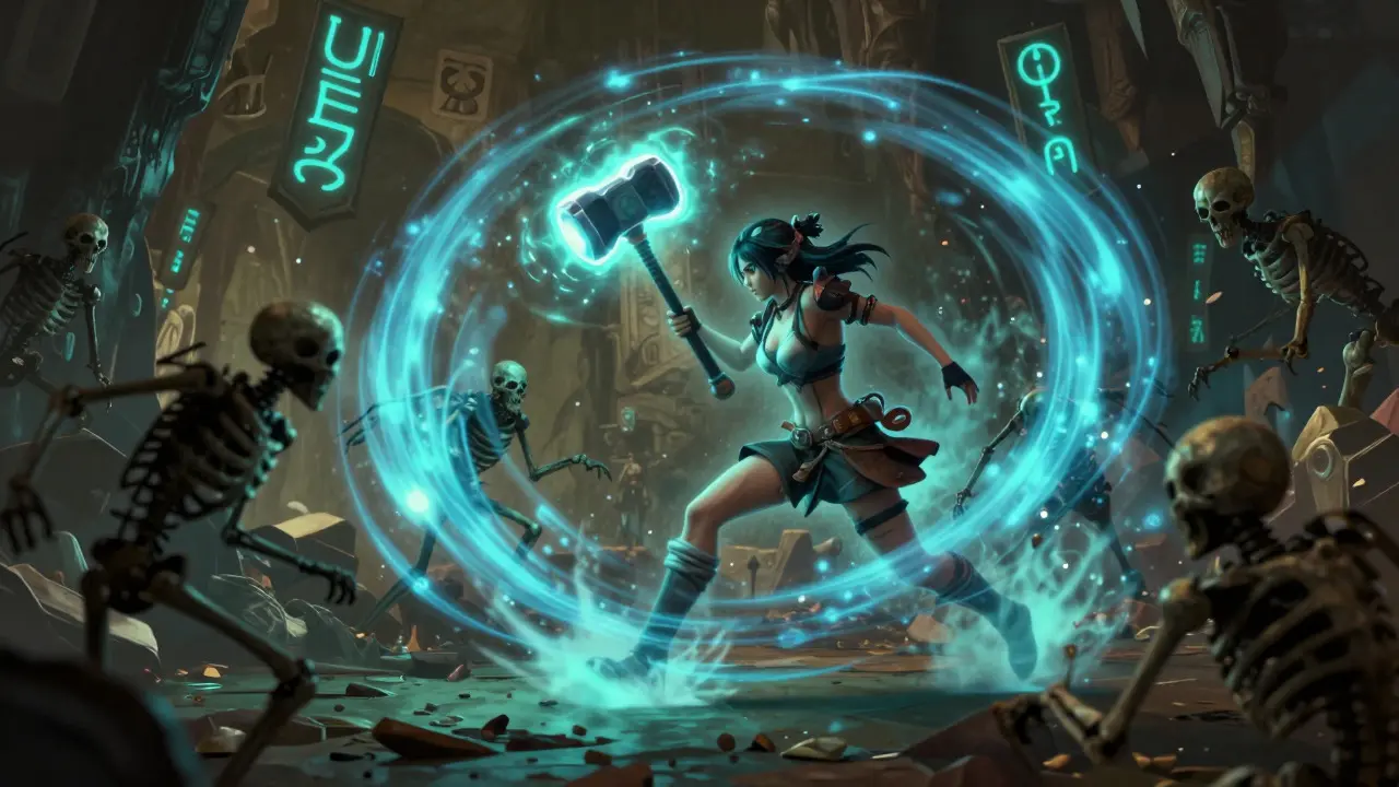 Hero using a magic hammer to slow time against enemies