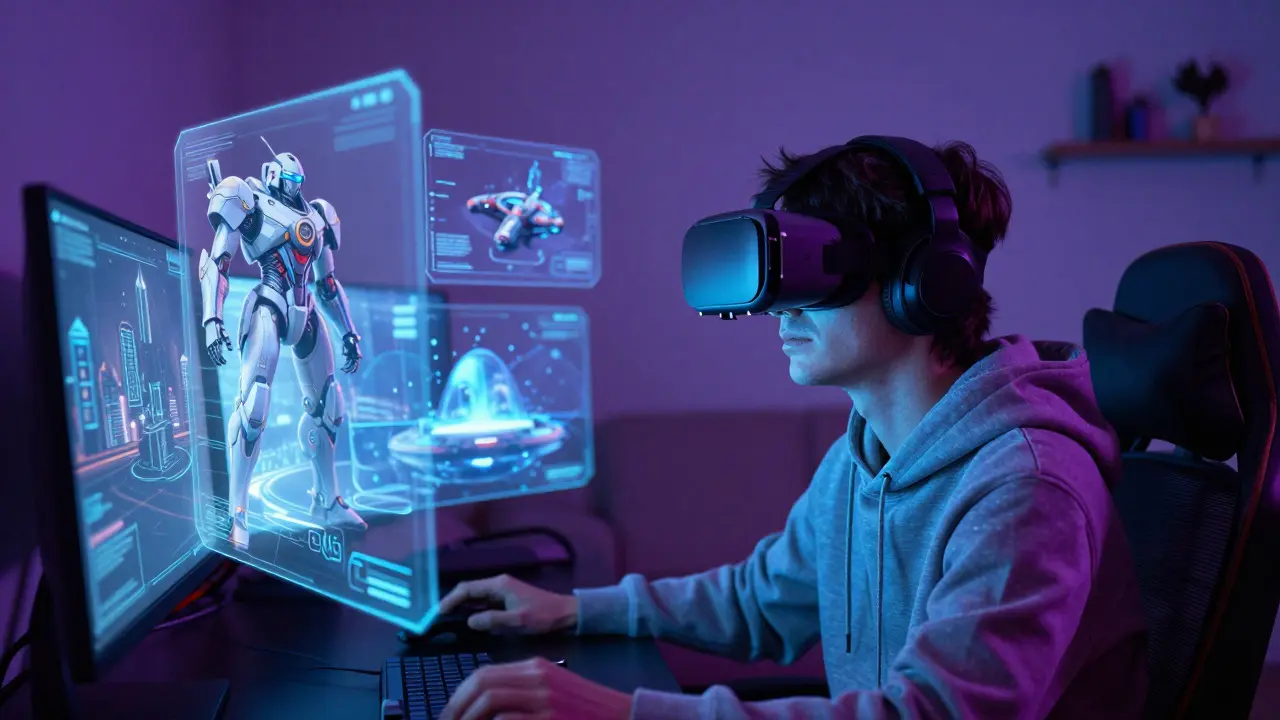 Игрок в VR-шлеме, окруженный голографическими интерфейсами научно-фантастических миров