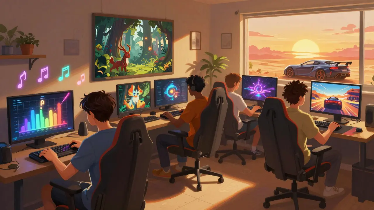 Игроки наслаждаются различными жанрами игр в уютной игровой комнате