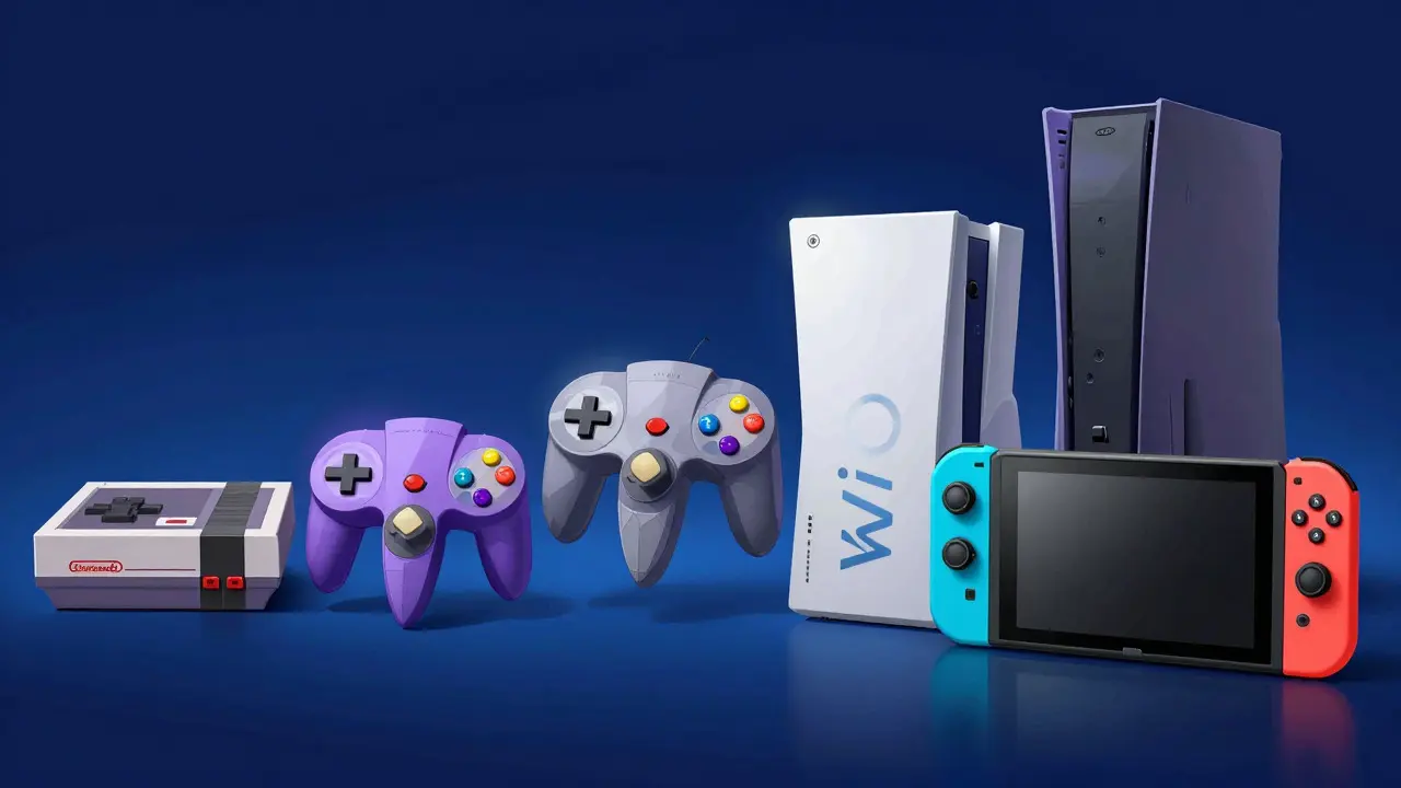 Illustration showing the chronological evolution of Nintendo consoles from NES to Switch