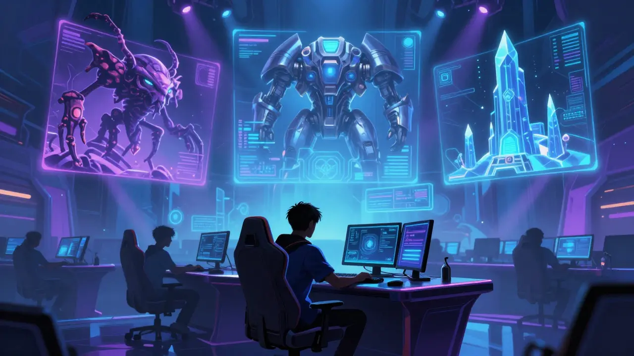 Киберспортивный арена с неоновым светом и силуэтом игрока StarCraft