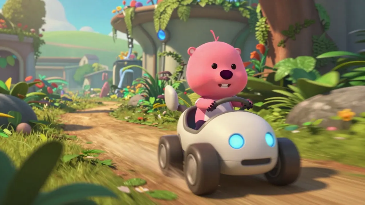 Кирби едет на роботе по зеленому миру в стиле мультфильма Pixar