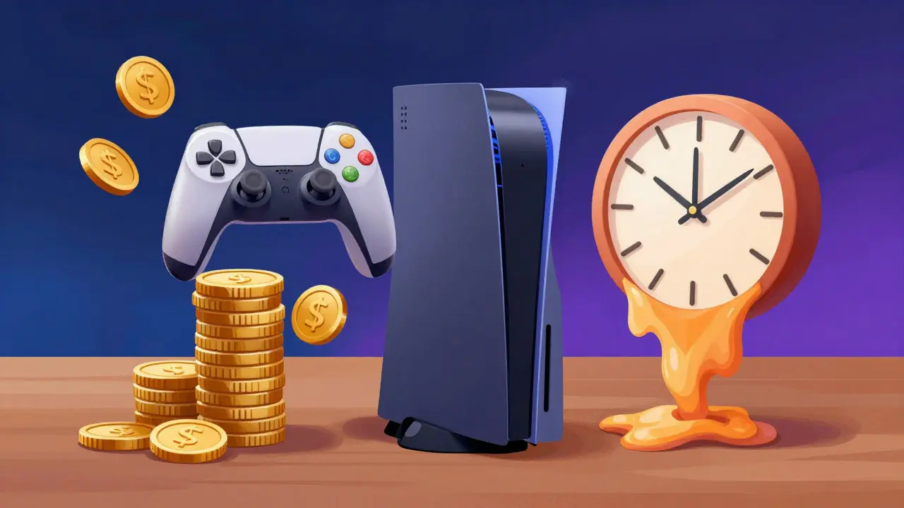 Концептуальная иллюстрация экономики аренды игр с символами времени и денег