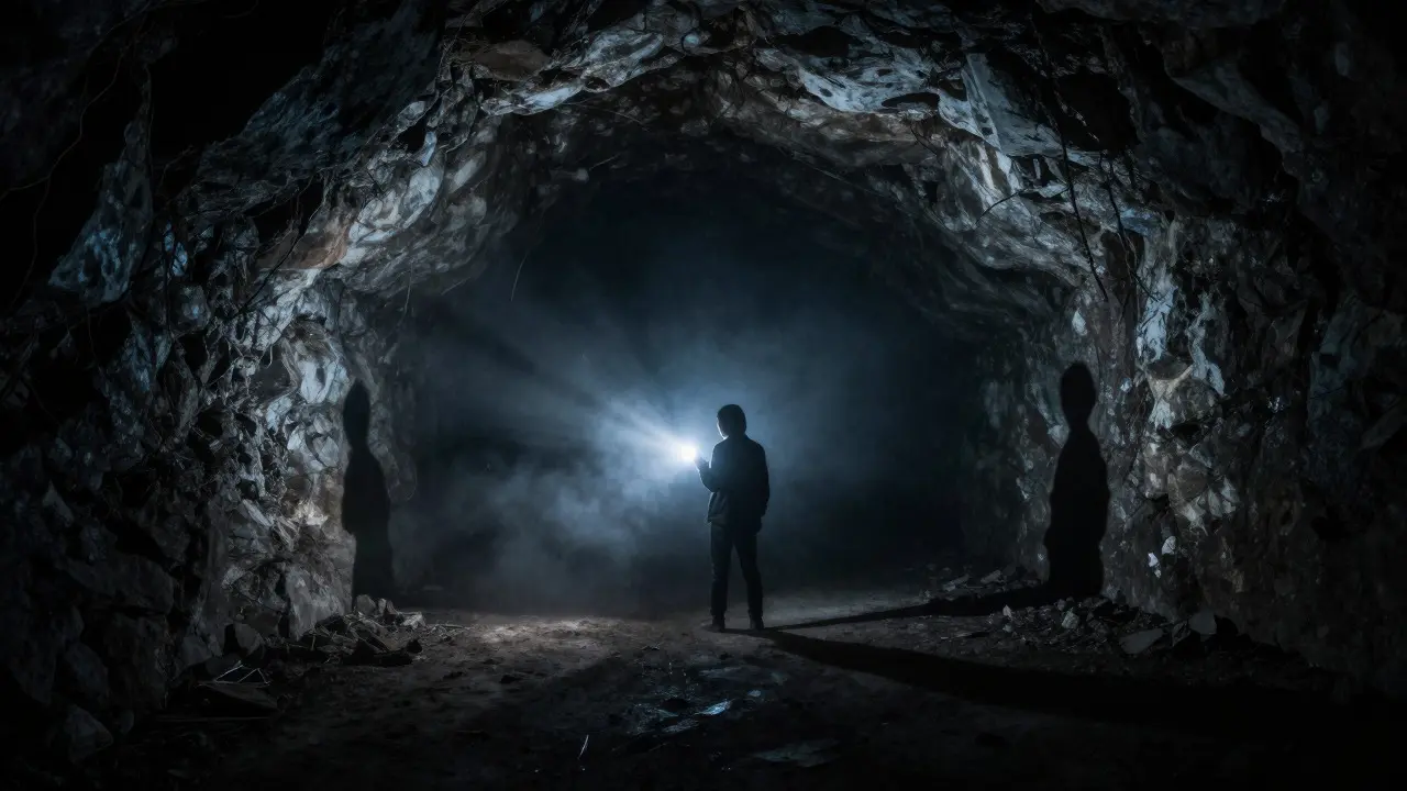 Lone figure with a flashlight standing in a dark, foggy abandoned mine shaft
