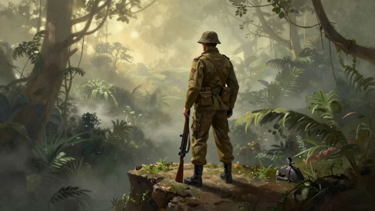Lone soldier overlooking a jungle landscape