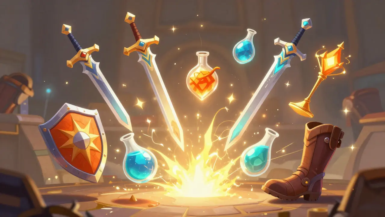 Magical items combining and transforming in a glowing abstract workshop