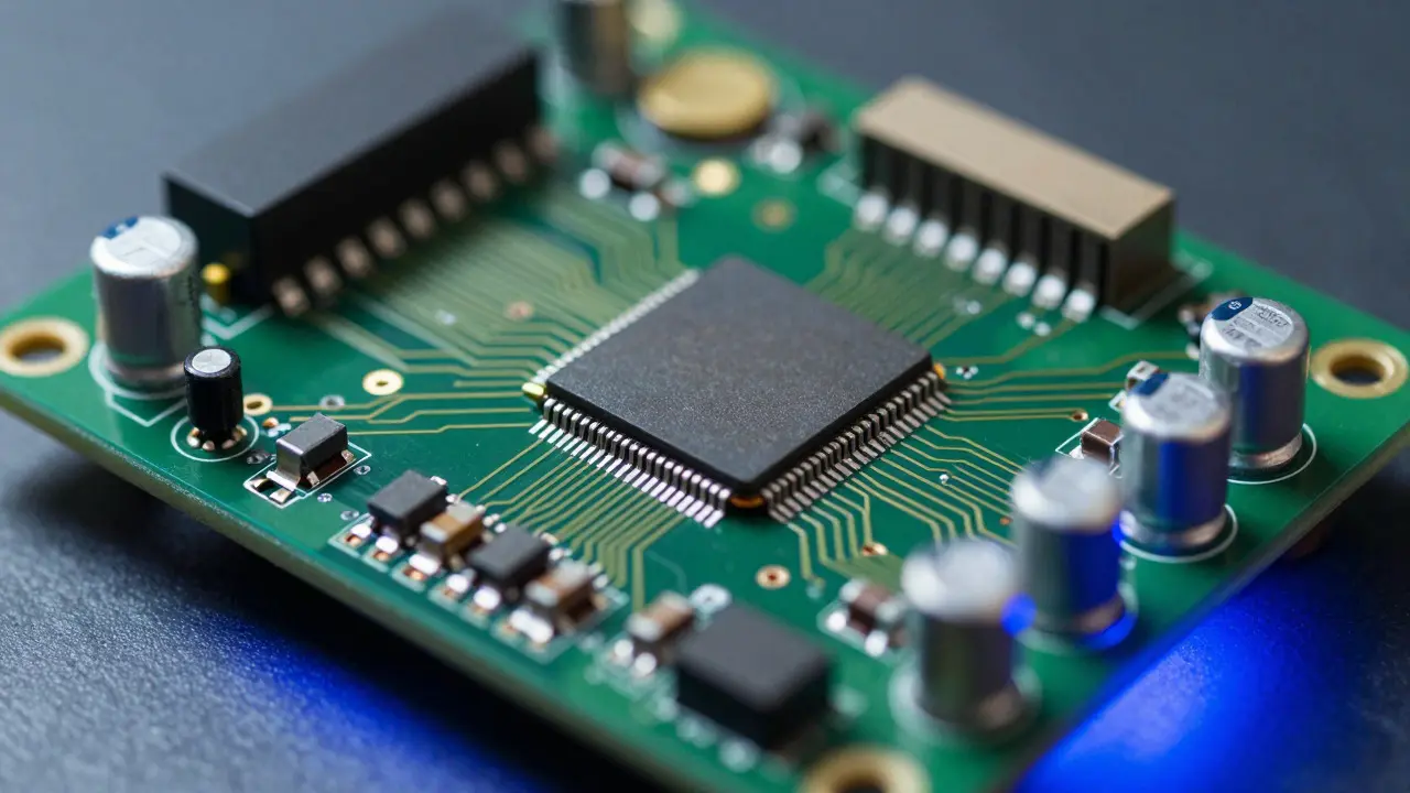 Макрофотография внутренней платы FPGA-консоли с чипами и светящимися элементами