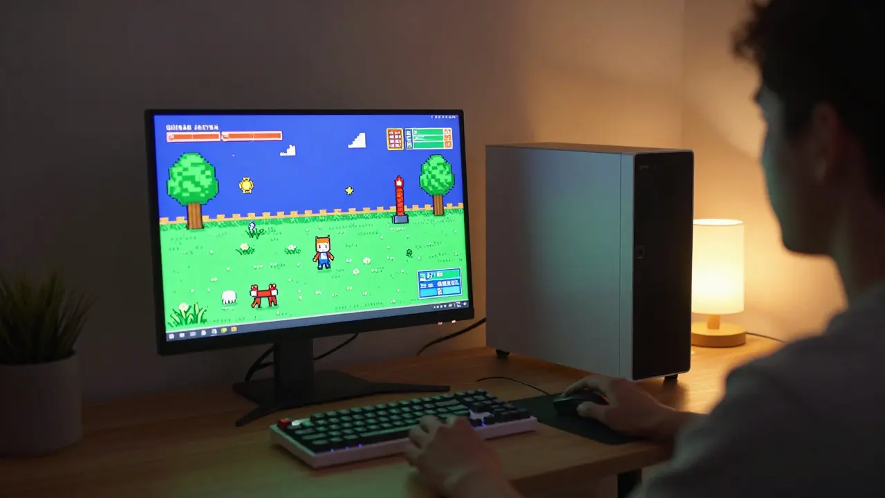 Modern desk setup with a monitor displaying pixel art and PC hardware