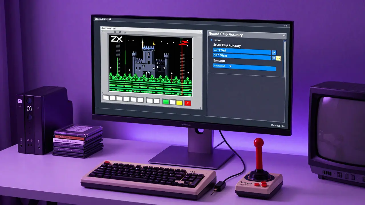 Modern desk setup with a monitor running retro emulators and an original Atari joystick