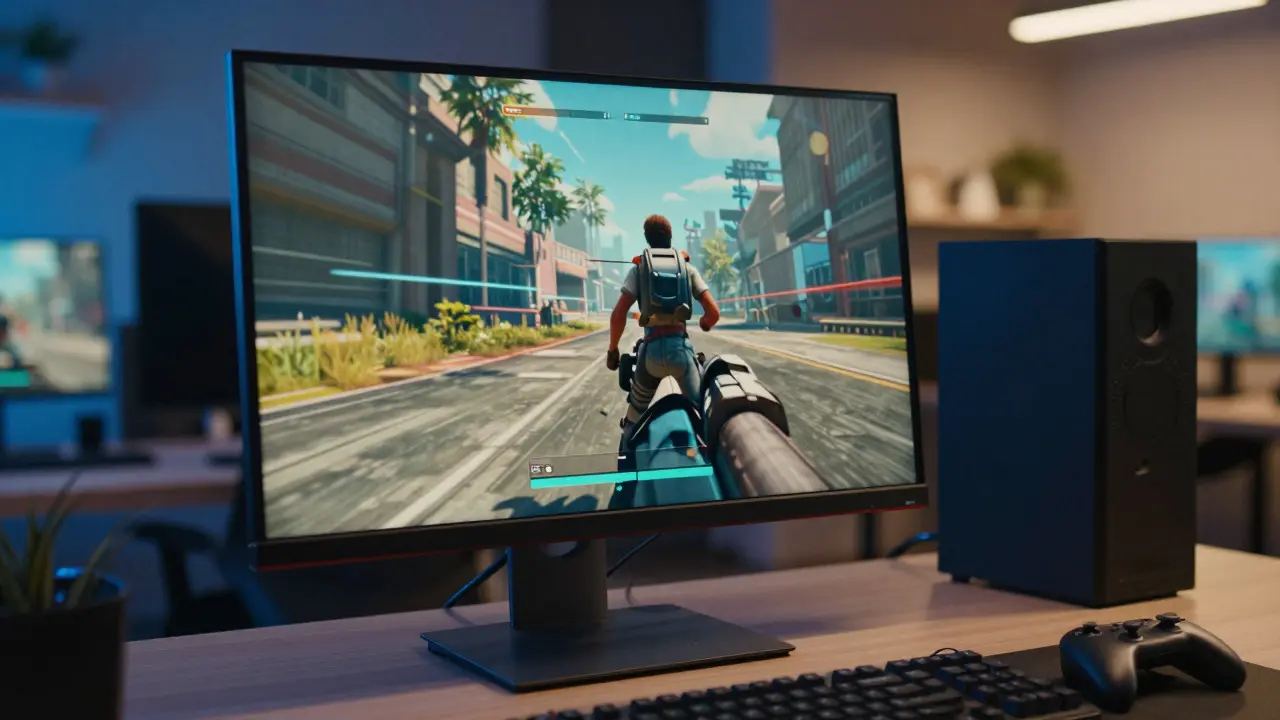Modern dev station showing a game with subtle retro filters on a high-res monitor