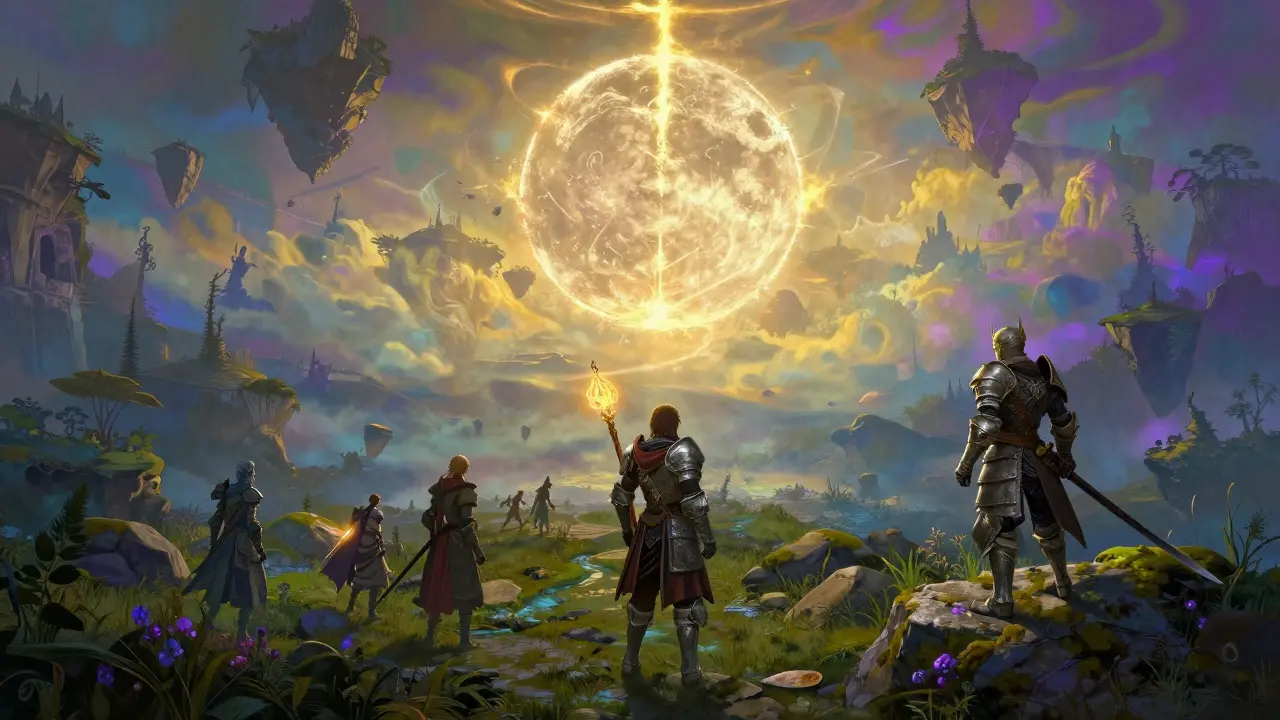 Open world landscape with scattered weapons and floating islands