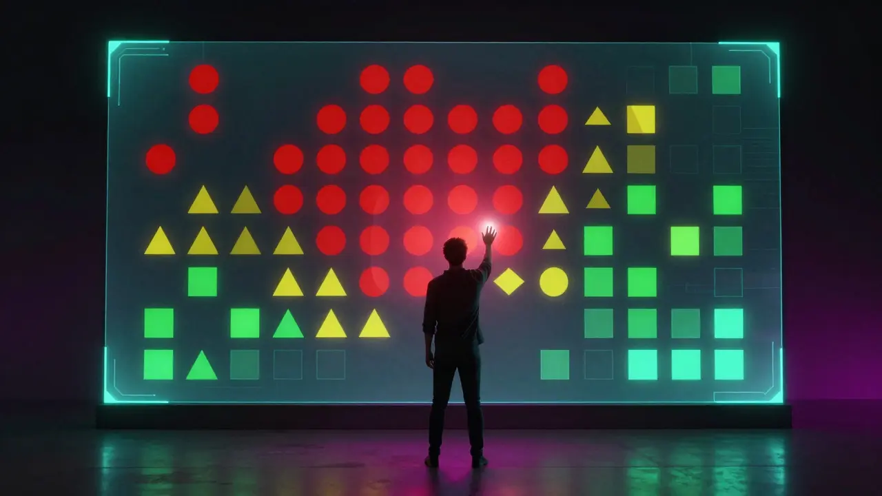 Person analyzing abstract holographic data shapes representing bug priorities