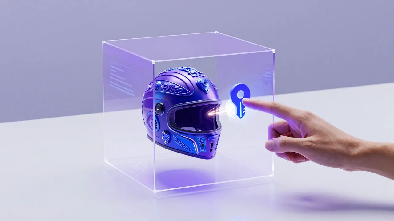 Полупрозрачный интерфейс маркетплейса с 3D-шлемом и иконкой ключа