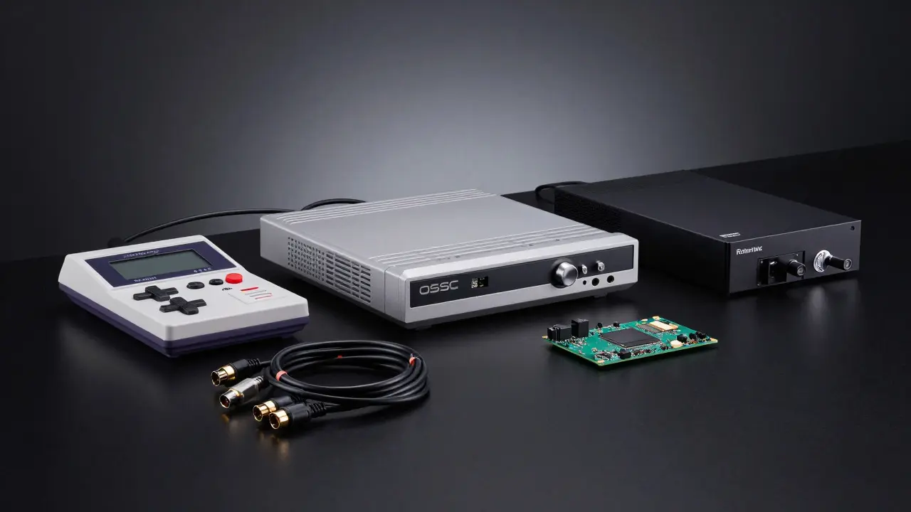Premium retro gaming scalers, cables, and Raspberry Pi setup arranged on a dark surface