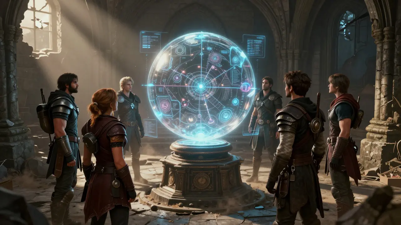 Raid group analyzing a tactical map after a battle in a stone hall