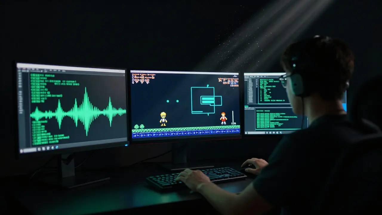 Researcher analyzing a paused retro platformer on multiple monitors in a dark, tech-focused workspace