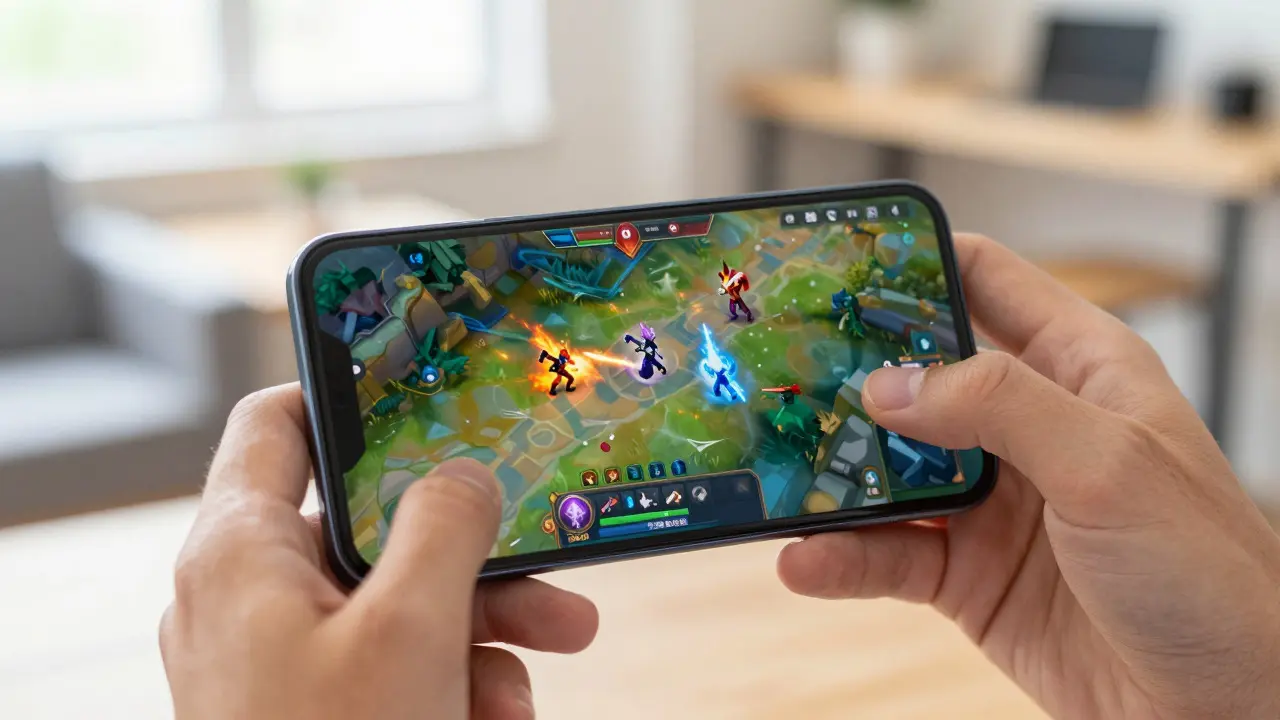 Рука держит смартфон с игрой в автобаттлер на фоне кафе