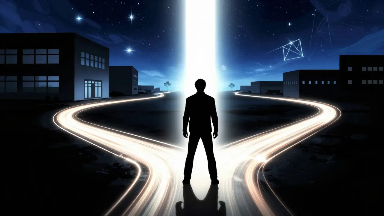 Silhouette at a crossroads of light paths