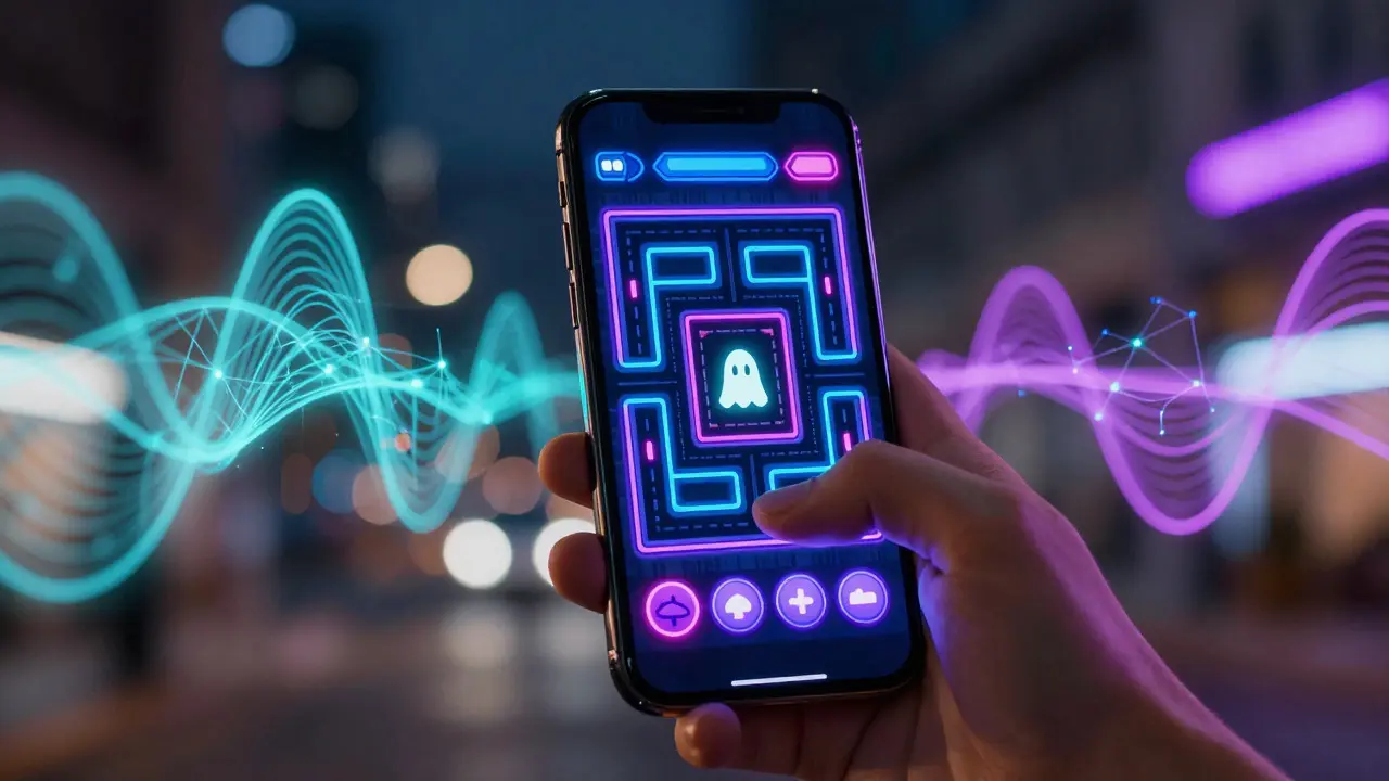 Смартфон со стримингом ретро-игры и абстрактными цифровыми потоками данных
