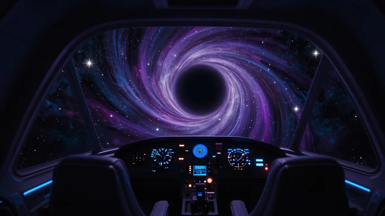 Spacecraft cockpit view of a starry sky and a distant black hole
