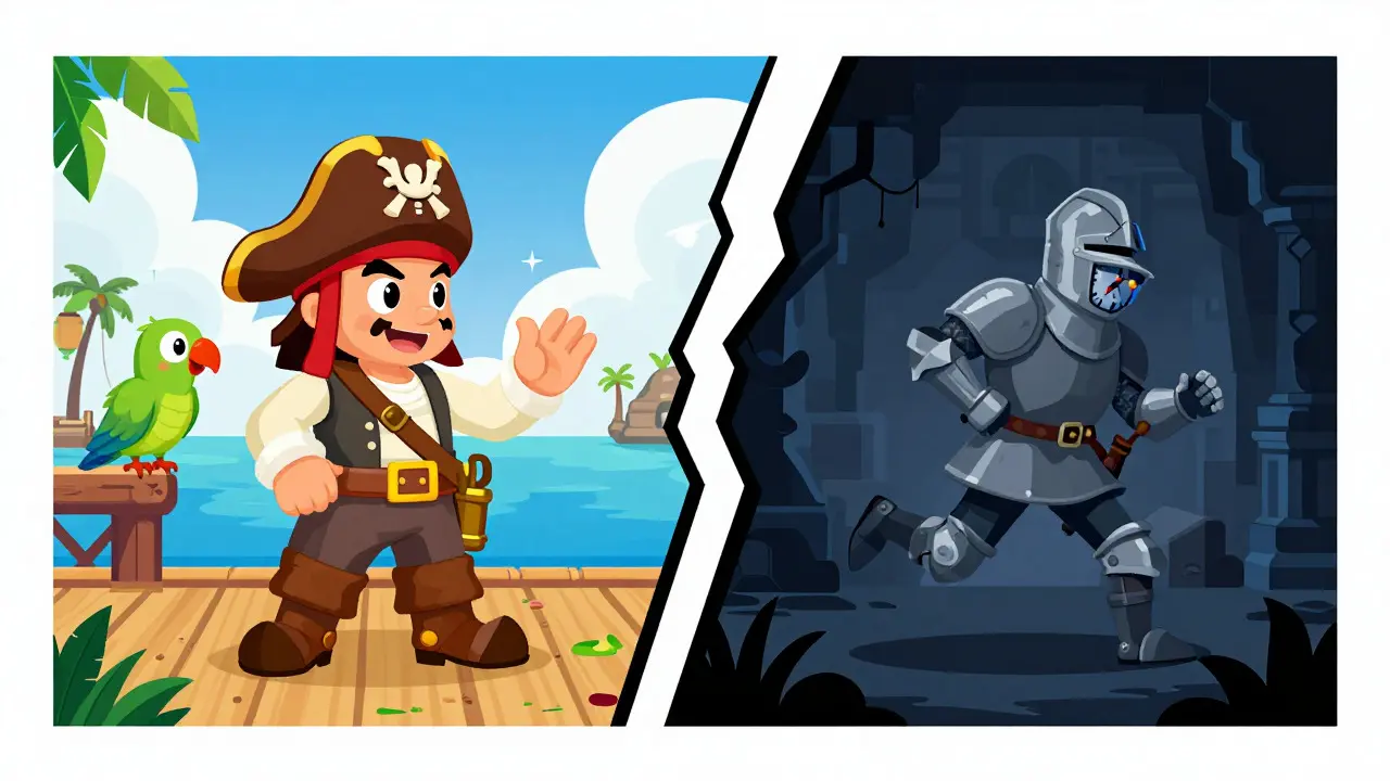 Split illustration comparing humorous and action-oriented retro game styles