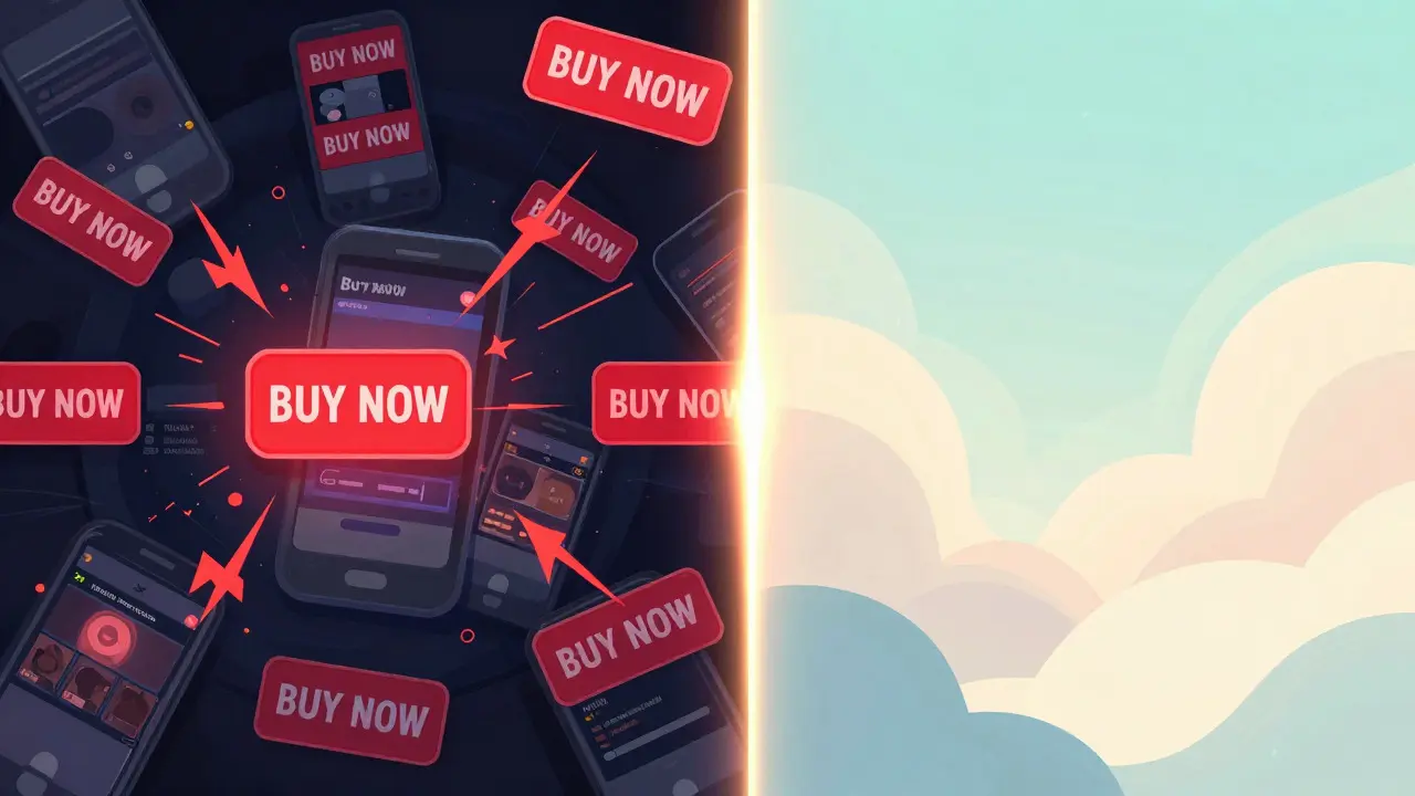 Split-screen art contrasting chaotic ad-filled games with serene, clean interfaces