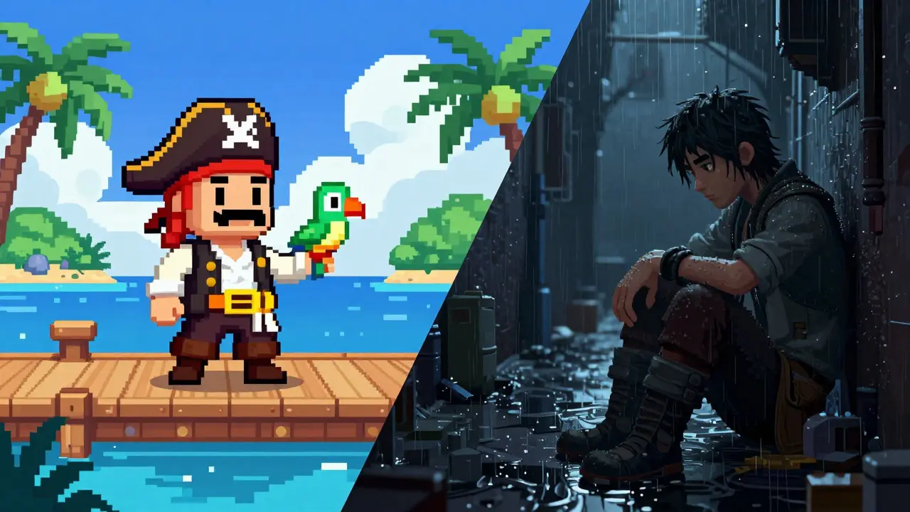Split-screen art showing transition from retro pixel-art pirate to modern 3D detective
