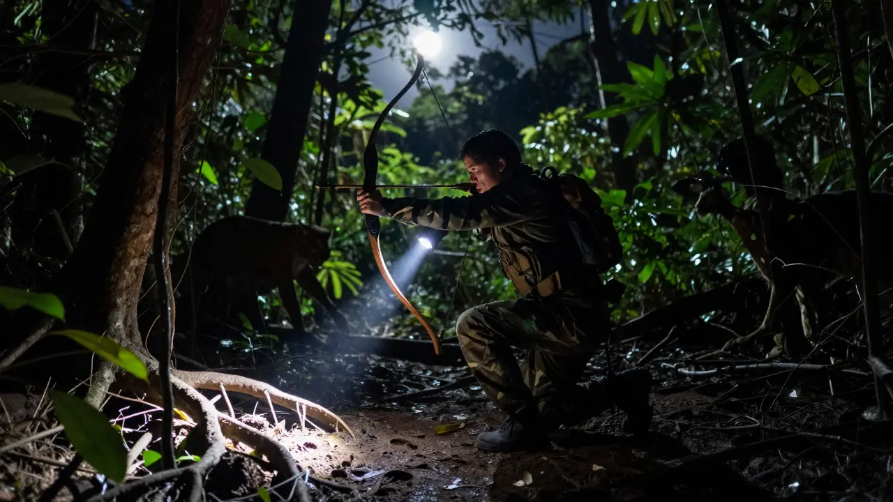 Stealthy survivor with a bow moving through a moonlit jungle clearing