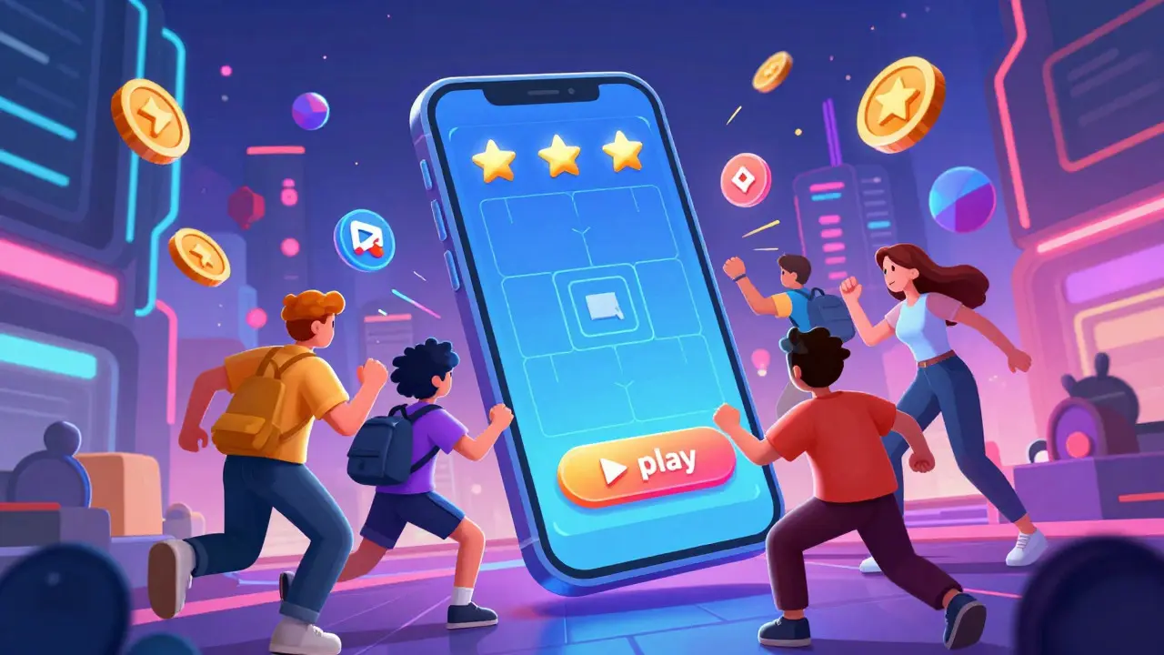 Stylized illustration of players engaging with a mobile game in a neon-lit urban environment