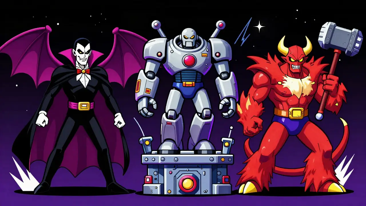 Stylized illustration of three classic video game bosses in a 16-bit art style